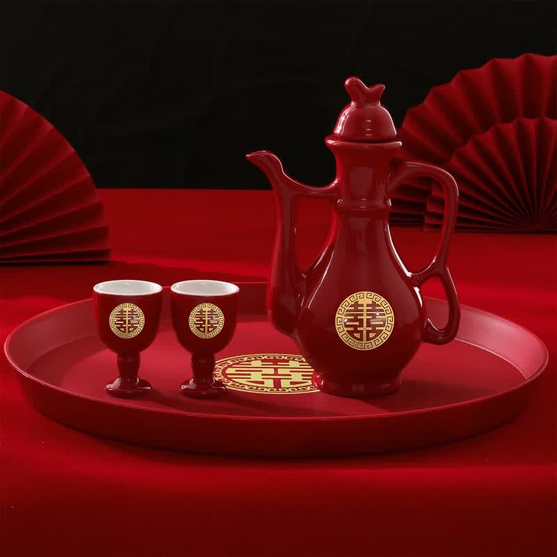 朔展庭敬酒杯结婚敬酒杯婚宴陶瓷中式婚礼喜庆套装中国红 【金底大圆喜】1壶+2杯+圆托盘高性价比高么？