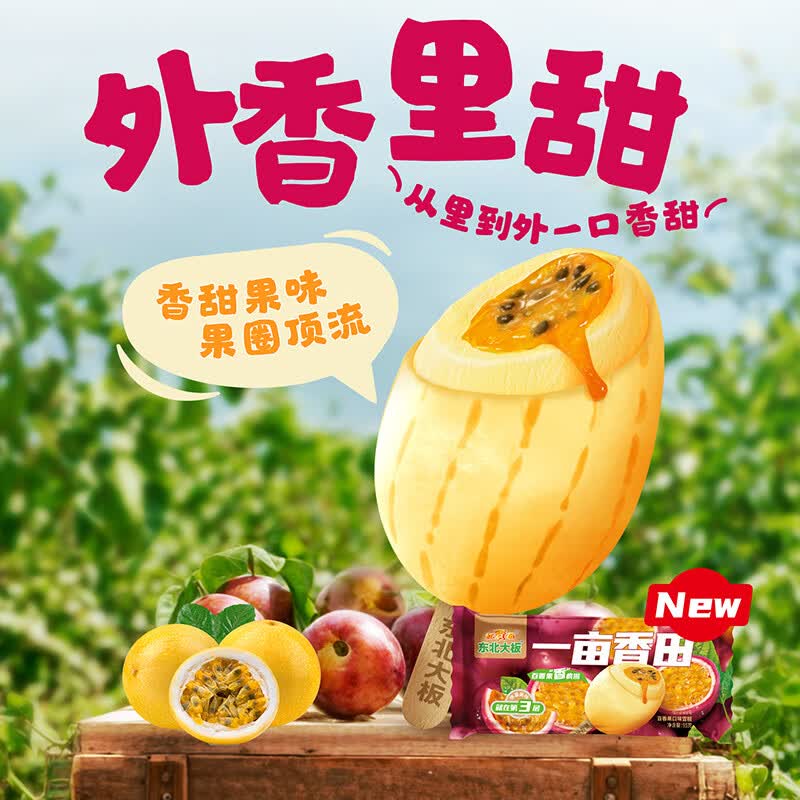 东北大板【人气果王】一亩瓜田/蓝莓/百香果/抹茶树叶小芒人冰淇淋雪糕 一亩香田百香果口味雪糕95g*3支