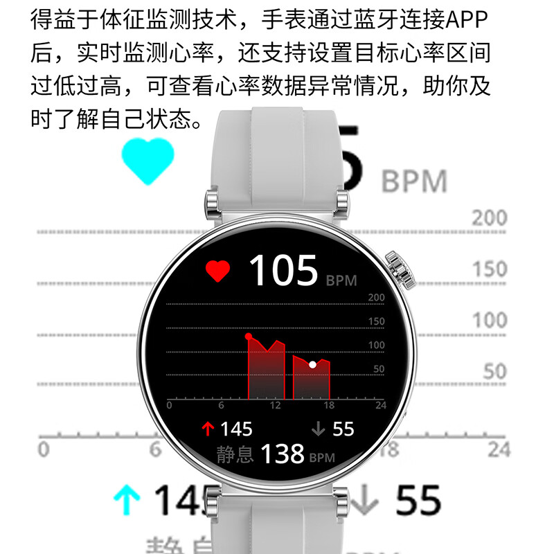 莱思帝HK41智能手表女款迷你小巧心率血压监测跑步防水蓝牙打电话离线支付运动适用于iPhone安卓手机通用 银色+白色皮革表带 海量免费表盘-支持离线支付