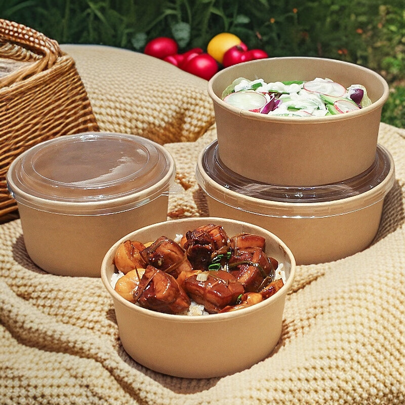 朴京（PUJING）一次性餐盒牛皮纸长方形快餐饭盒方盒水果外卖打包盒野餐便当盒 750牛皮纸碗+150pet盖50套