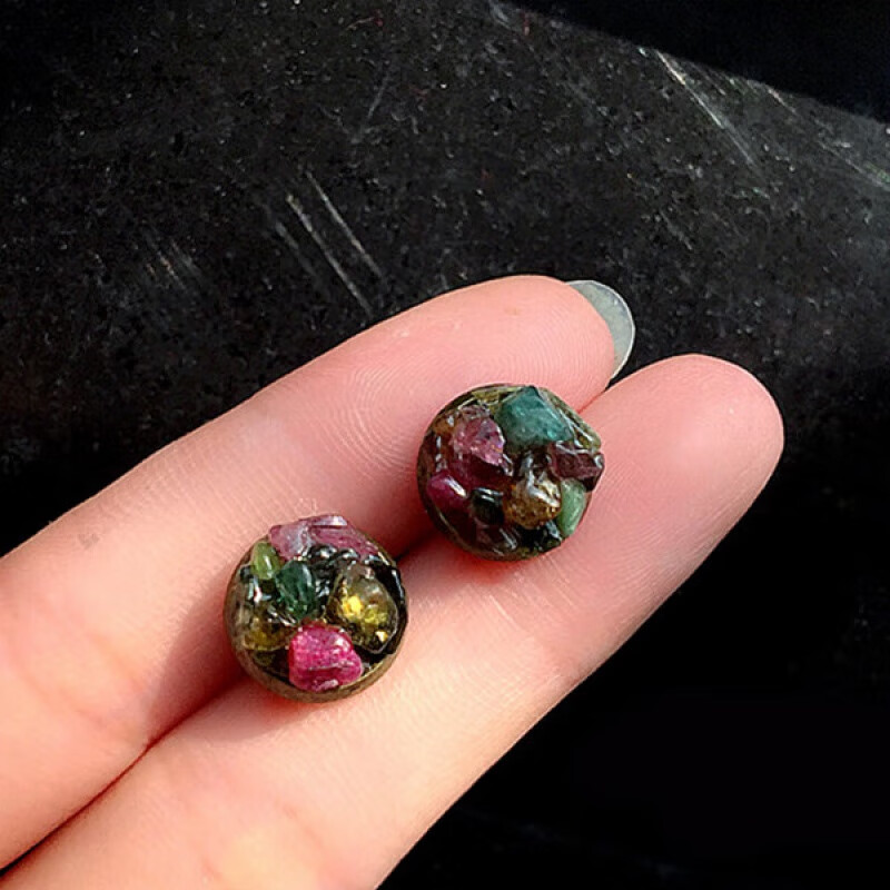 语森忆碧玺耳钉原创手工彩色消磁碧玺原石碎石石耳钉耳环 彩色碧玺