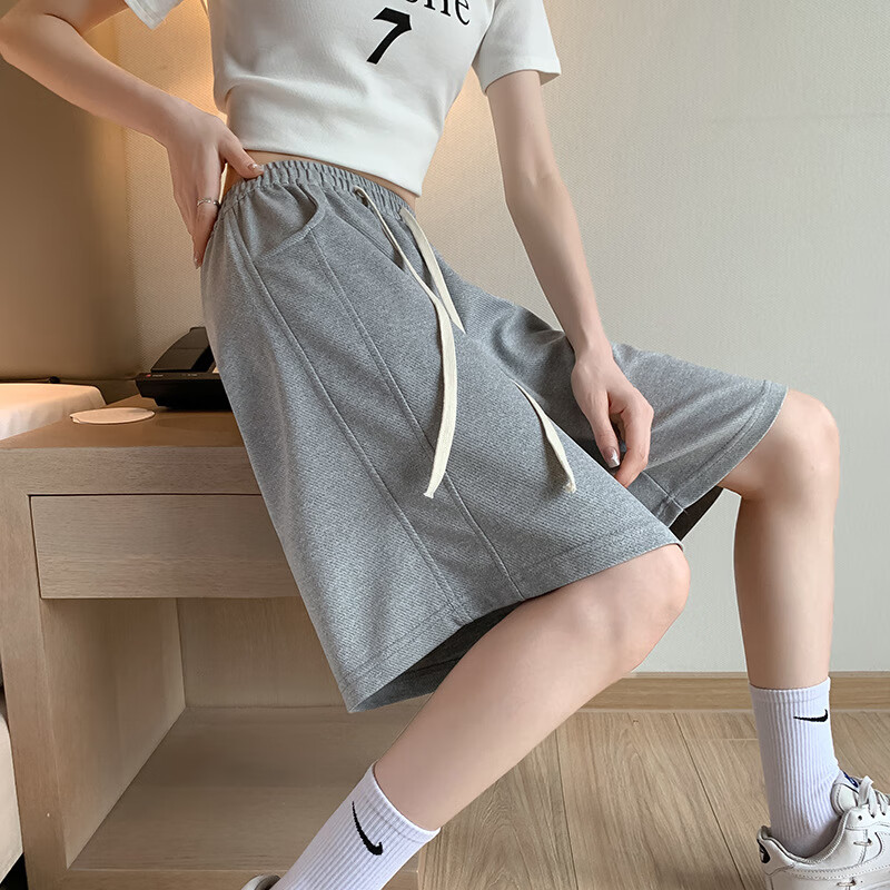 白色运动短裤女夏薄款外穿高腰显瘦宽松阔腿5分a字裤小个子五分裤 灰色 S（建议80-95斤