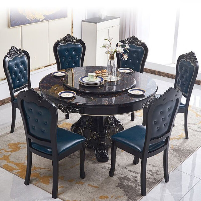 驰翁欧式餐桌椅组合大理石实木圆桌带转盘桌子小户型圆形餐桌饭桌