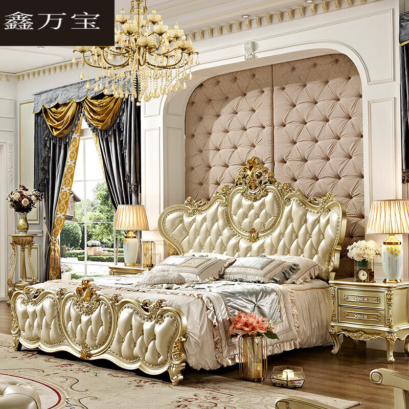 鑫万宝欧式实木双人床卧室 家具现代简约1.8米 主卧太子床香槟 1.82.0米床+2个床头柜