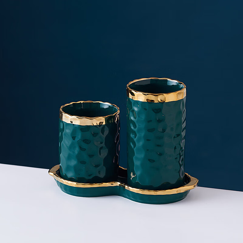 ins风陶瓷筷子筒家用双层沥水筷子篓刀叉勺筷子笼厨房收纳桶 墨绿金筒