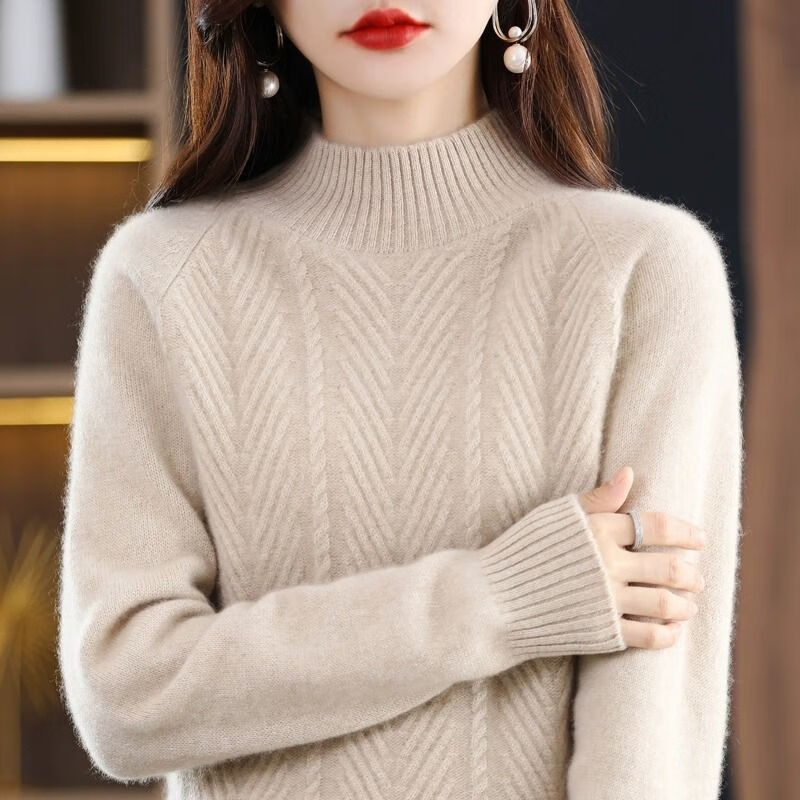 梵阕毛衣女加厚秋冬新款宽松显瘦流行可外穿打底针织衫女内搭保暖上衣 杏色 均码