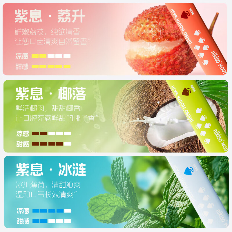 nikiso果味漱口水便携旅行长效清新口气含氟护齿防蛀抑菌口腔深层清洁 11ml*20条 【紫息冰涟】冰川薄荷