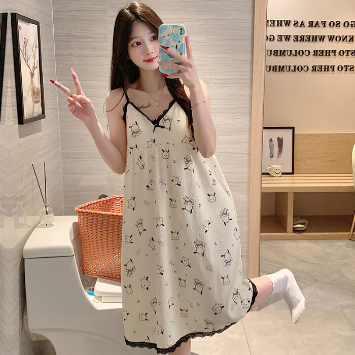 夏季睡裙女爽棉可爱甜美吊带带胸垫中长款睡裙宽松薄款家居服 N030 M