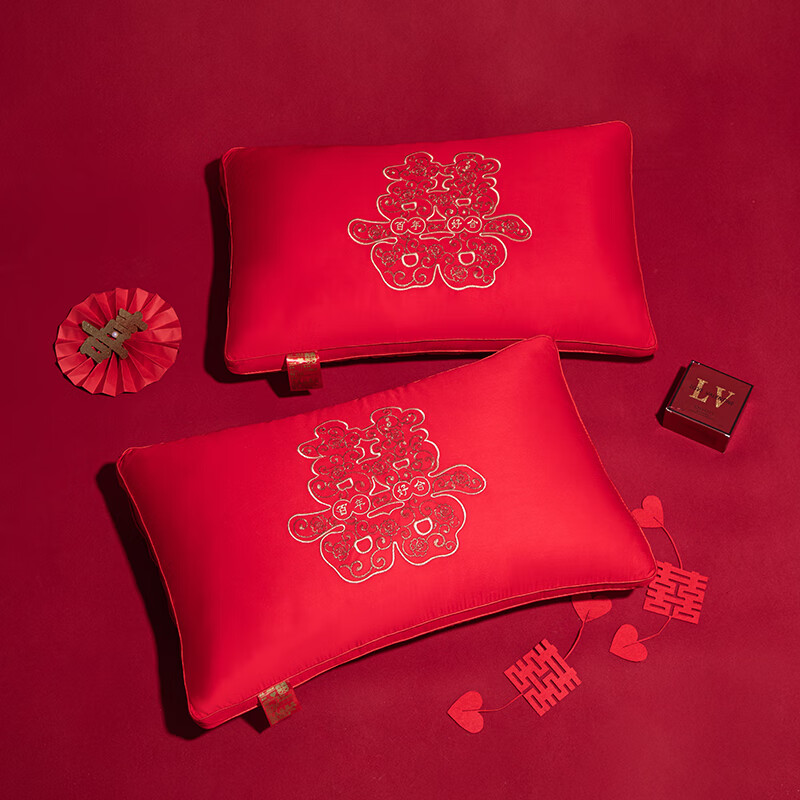 康童婚庆全棉枕芯大红色绣喜庆结婚枕头高弹蓬松柔软枕嫁妆婚嫁家用