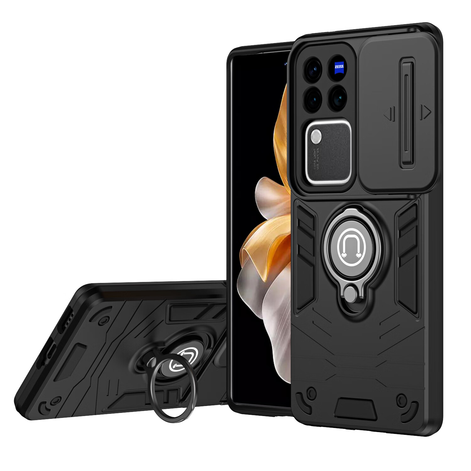 薏和善适用于VIVO V30PRO手机壳VIVO V30推拉窗VIVO S18镜头保护指环支架机甲风防摔防滑保护套新款磁吸 黑色 vivo S18