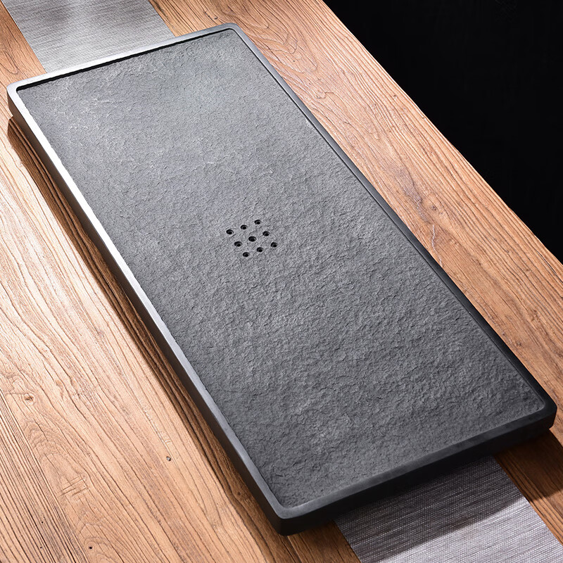 陶福气乌金石茶盘 家用排水式简约客厅整块黑金石头茶盘干泡茶台可