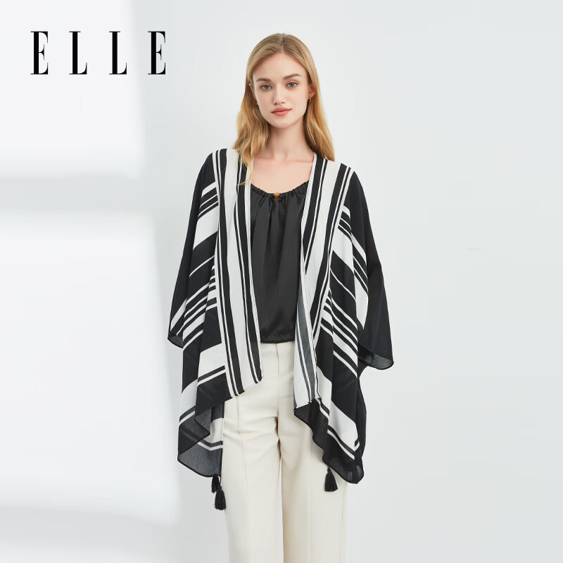 ELLE法式優(yōu)雅海邊披肩條紋拼色女士沙灘外套圍巾 經(jīng)典黑