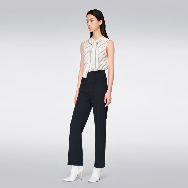 OVV【重磅真丝】2024春夏新款女装22MM素绉缎飘带无袖衬衫 藏青 S