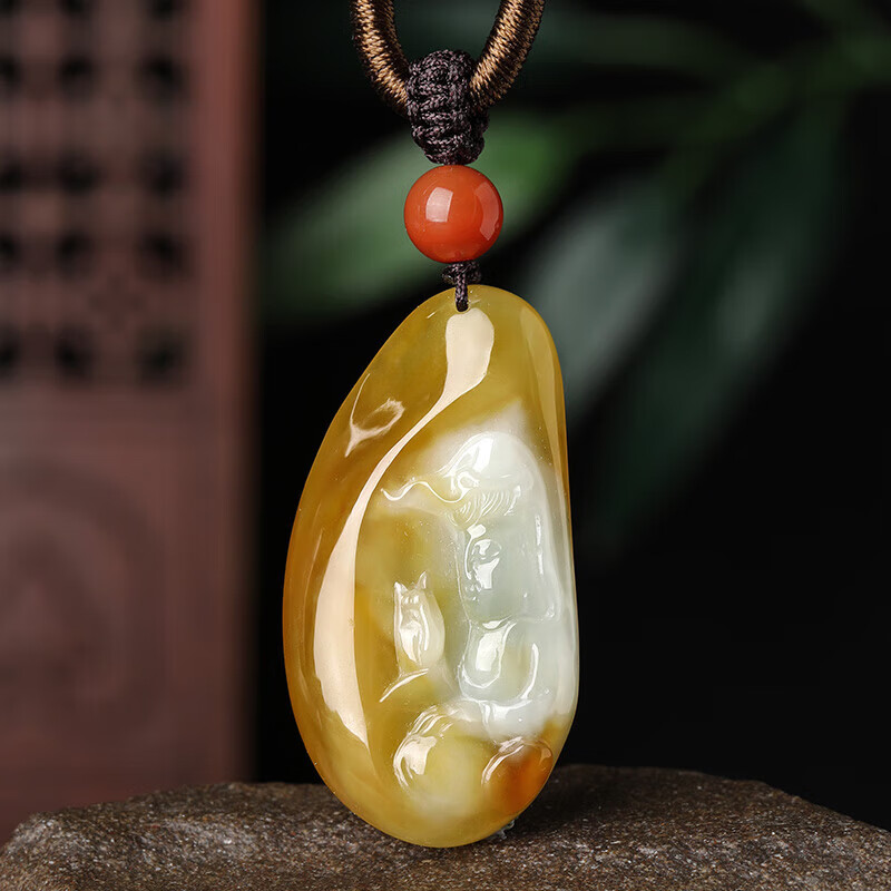 甄祥静思观音天然翡翠玉牌吊坠男女糯冰种黄翡菩萨挂件孤品
