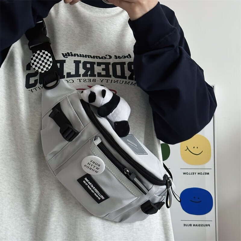 歌柏妮（GEBONI）斜挎包男女潮牌ins背包简约百搭休闲运动腰包男士单肩包学生胸包 潮流款【灰色】 斜挎包【随机徽章】