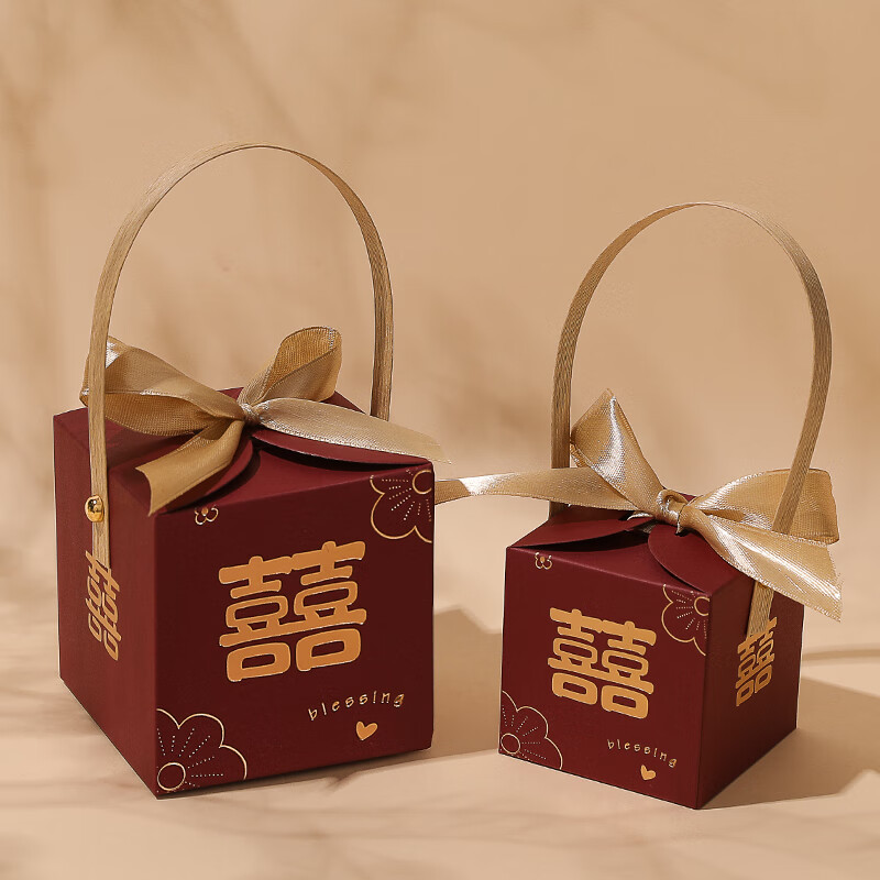 新款手提结婚喜糖盒子个性伴手礼盒订婚糖果空盒包装盒喜糖袋 红卡花喜手提糖盒+金丝带 小号[50个装]