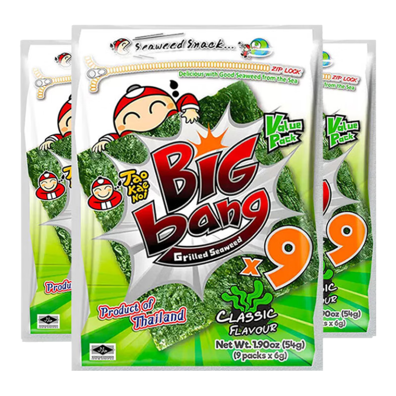 老板仔大片海苔片零食泰國進口小老板烤紫菜即食香脆大張兒童休閑食 大片海苔原味 50g*3袋