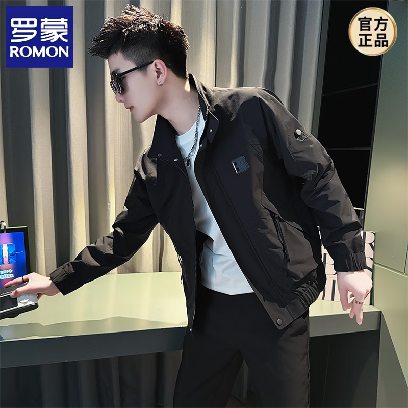 罗蒙（ROMON）男士休闲外套春秋季2026新款潮牌韩版痞帅男装休闲百搭夹克衫男款 黑色 XL