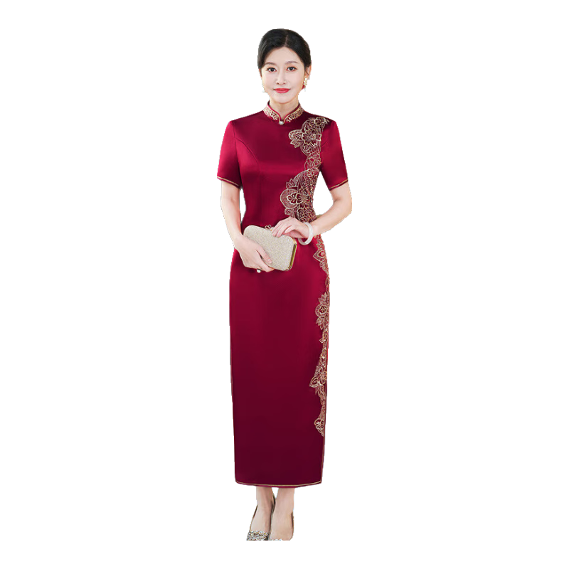 顧眷年高端喜婆婆婚宴旗袍禮服2024新款醋酸繡花旗袍改良中式婚禮媽媽裝 短袖 4XL