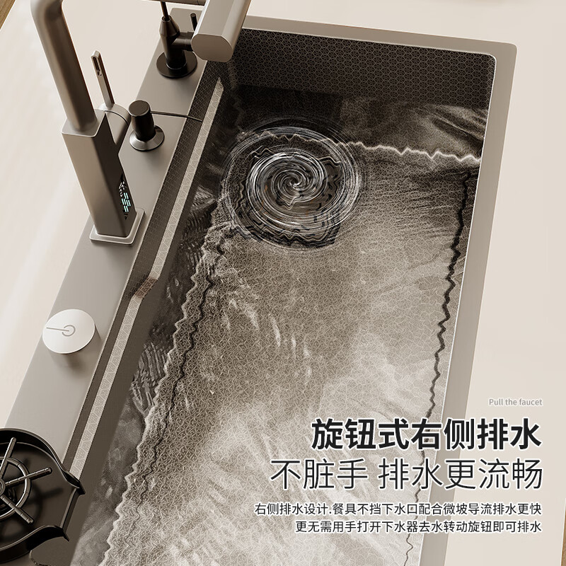 东诗日本厨房水槽大单槽304纳米不锈钢加厚洗碗洗菜盆手工枪灰水池 B套餐+圆形抽拉龙头+肥皂器 750x450mm(80%用户选择)