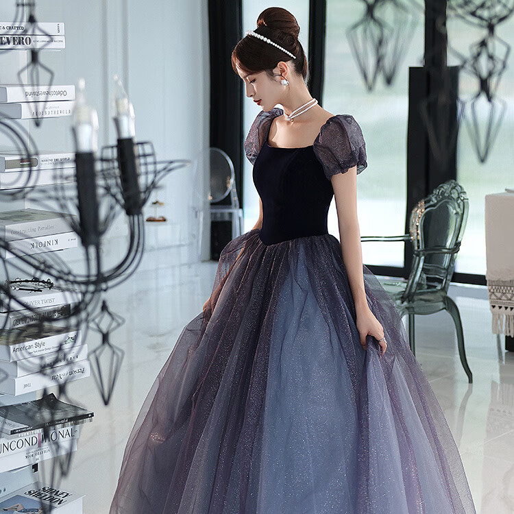 顿冉礼服女宴会晚礼服成人礼高档紫色星空晚梦幻渐变色主持人气质v领