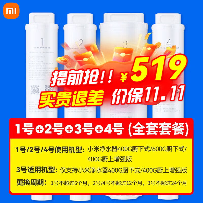 小米（MI） 净水器滤芯400G/600G厨下式滤芯更换PP棉 前置活性炭 RO反渗透滤芯 小米净水器400G全套滤芯怎么样,好用不?
