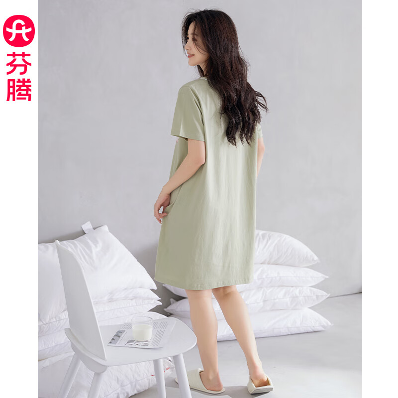 芬腾睡裙女夏季新款纯棉中长裙甜美可爱短袖薄款全棉大码睡衣裙 X98423765草绿 3XL 建议:160-175斤