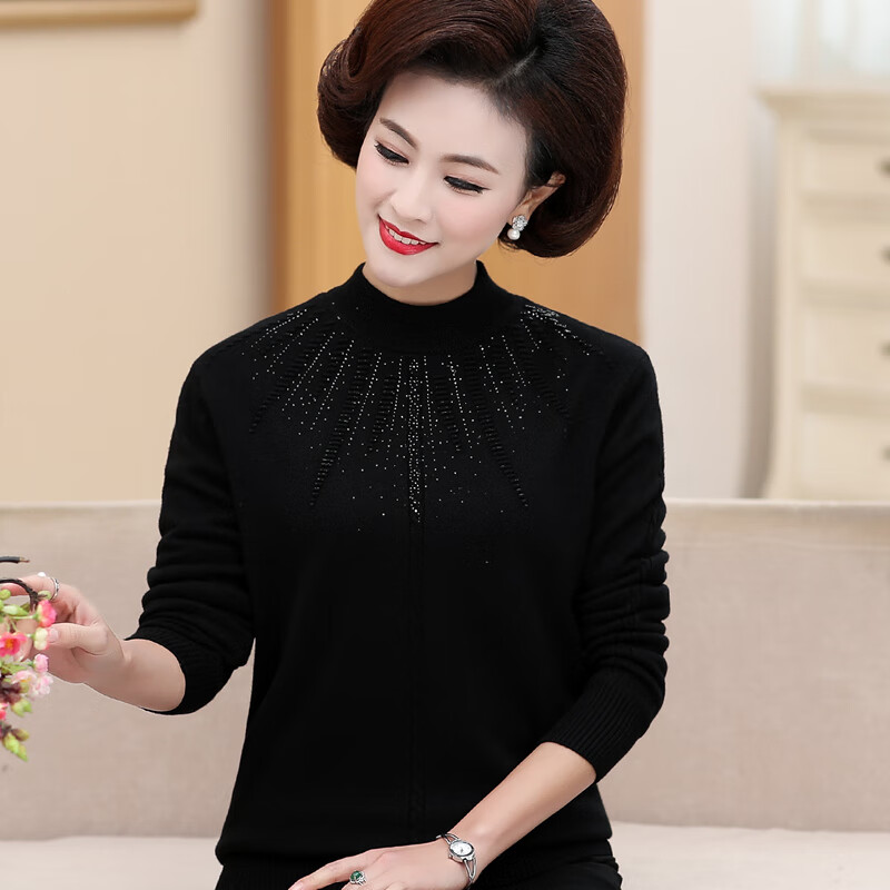坠倾中老年人女装秋冬装毛衣妈妈装半高领加绒加厚打底衫中年妇女上衣