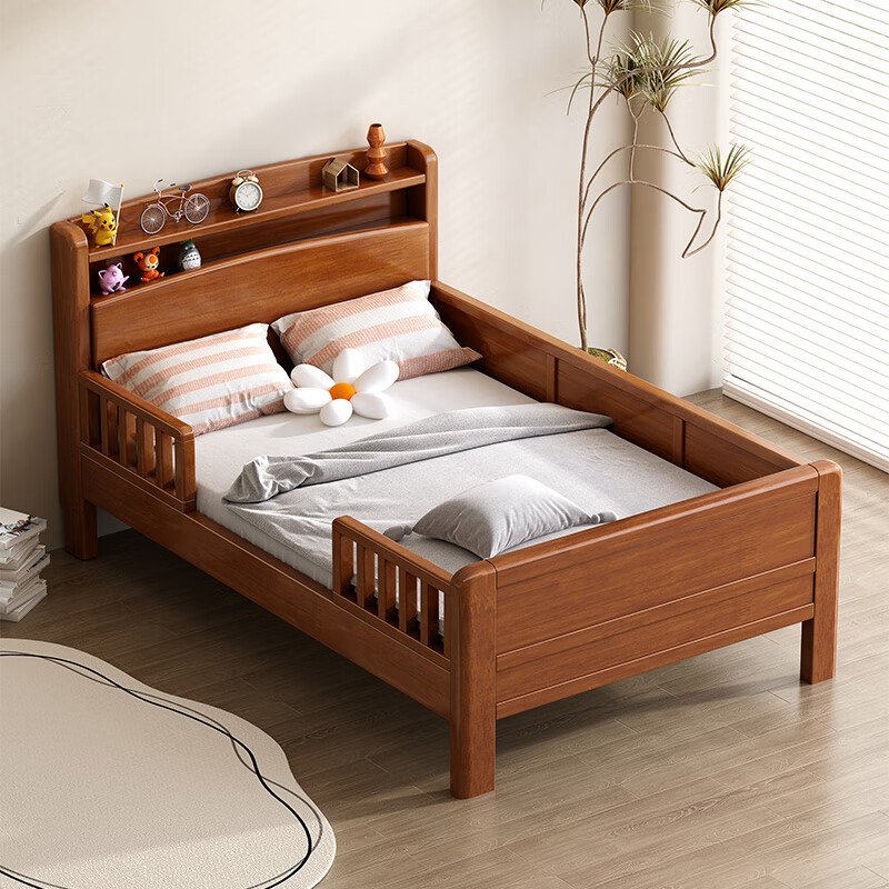 锦木森新中式全实木床现代简约经济小孩床通用卧室带护栏1.2/1.