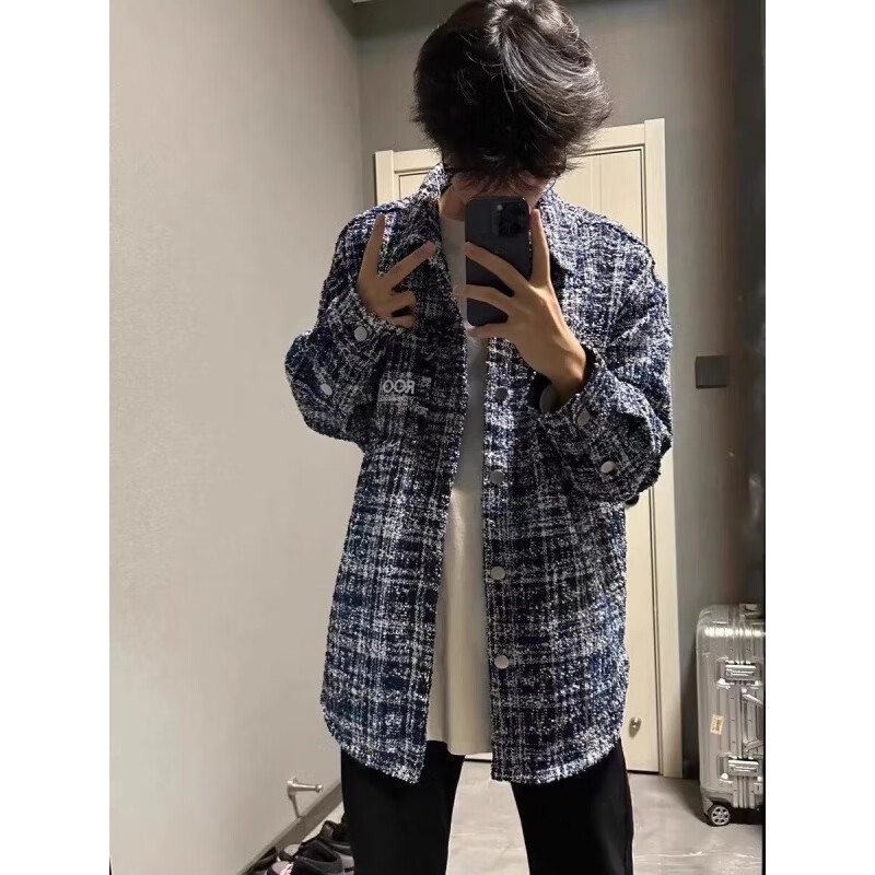 迪伽达秋冬季外套时尚百搭设计感小香风编织夹克男美式复古格子长袖上衣 W1042蓝色 L 【100-120斤】