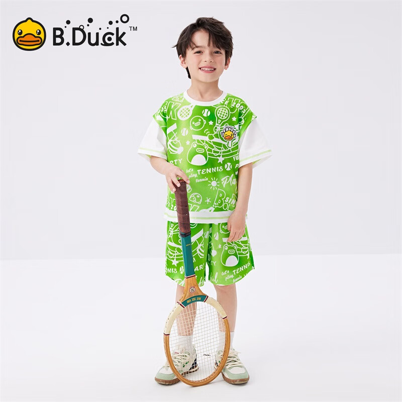B.Duck【套装】小黄鸭童装男童夏季运动套装儿童新款小男孩短袖短裤两件 海洋蓝 130 cm