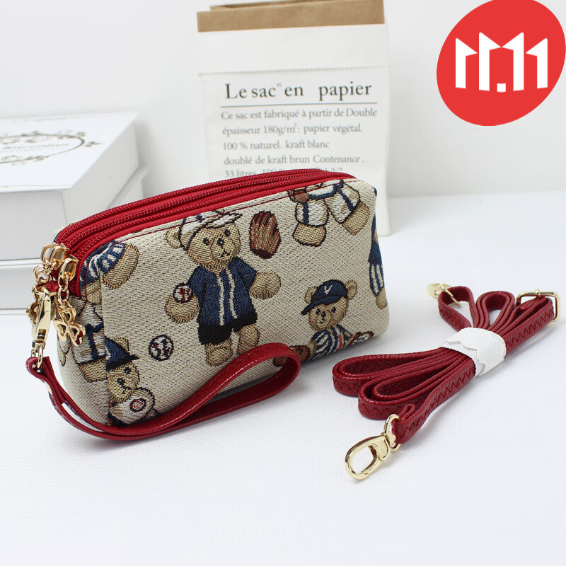 Gekazi品牌  2021秋冬新款大屏手机零钱包女士手拿手挽小包包三层休闲帆布包 小熊酒红色配长肩带版 加大版