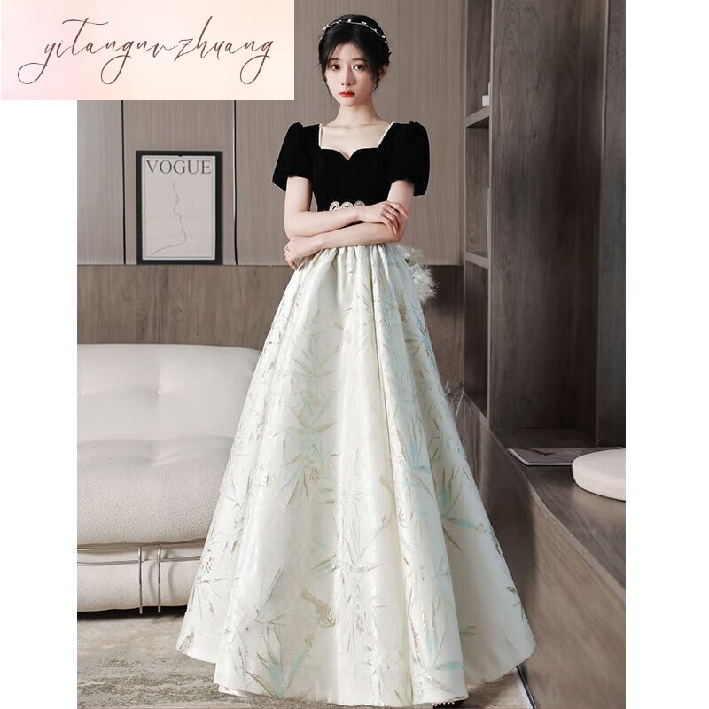 蘭伶坊CHANUNRUN 宴會(huì)晚禮服裙女平時(shí)可穿氣質(zhì)年會(huì)禮服女 小個(gè)子法式晚 黑色中長(zhǎng)款 M