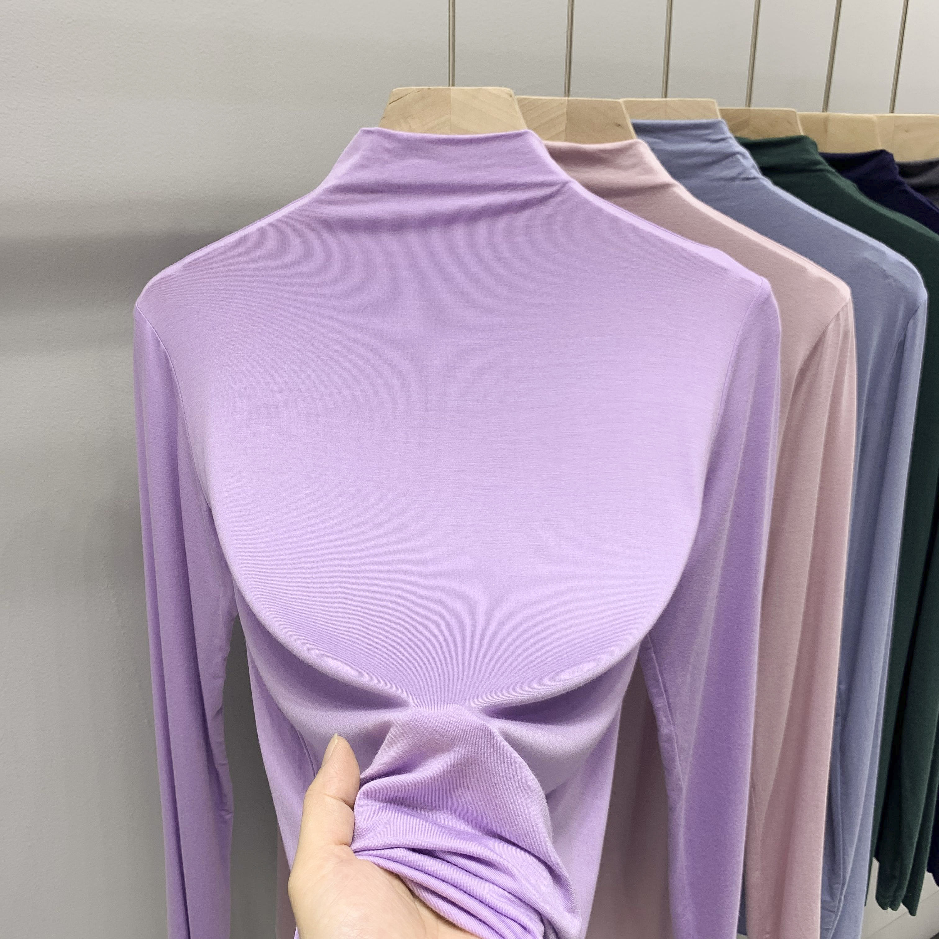 半高领打底衫女春秋薄款内搭长袖上衣大码显瘦纯色休闲t恤 香芋色 m