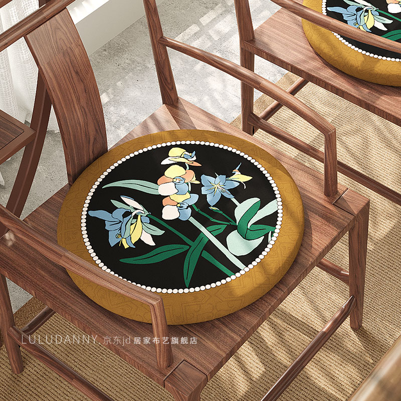 LULUDANY中式圓形坐墊圓鼓子套罩鼓凳紅木圈藤椅子加厚茶防滑古箏蒲團軟墊 空谷幽蘭【防滑底】 直徑45cm厚4cm