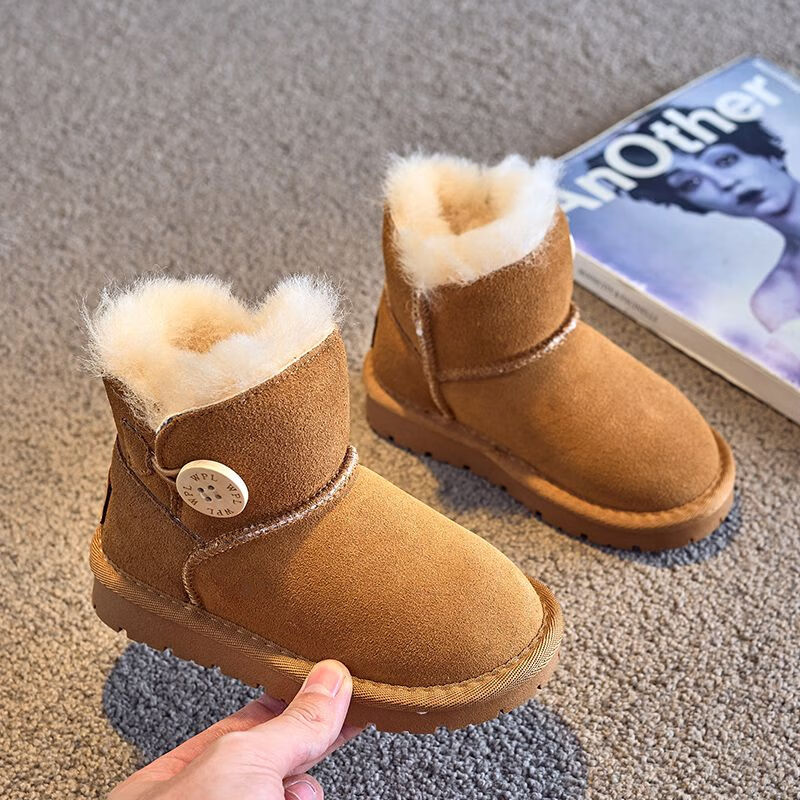 迪士尼女童雪地靴羊毛一体2023冬季新款儿童棉鞋中大童加绒保暖短靴 卡其色 内长15.0cm 23码