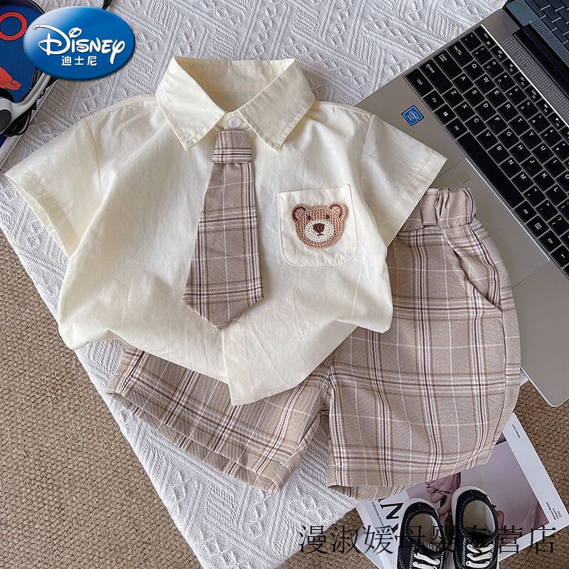 迪士尼（Disney）男童夏装套装短袖2024新款洋气宝宝儿童衬衫学院两件套夏季小童装 乖乖熊衬套装 80 建议78cm