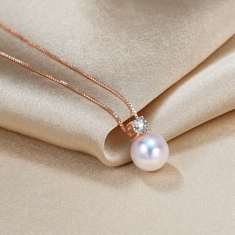 珍珠皇后Akoya海水珍珠项链18K金镶钻石吊坠戴妃款生日礼物送女朋友 玫瑰色18K金【9-10mm】