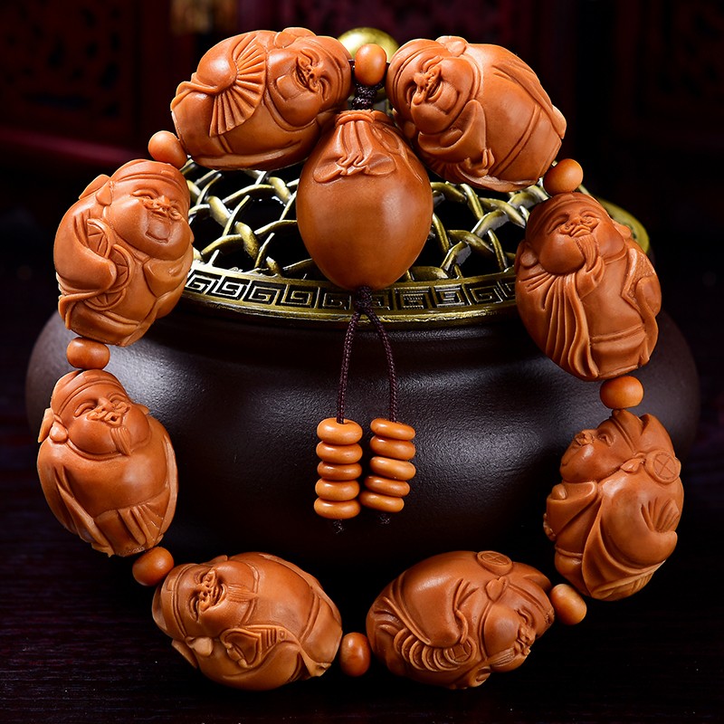 盘道 橄榄胡手串 布袋财神 文玩橄榄核手串八大财神 苏工大师曹乐