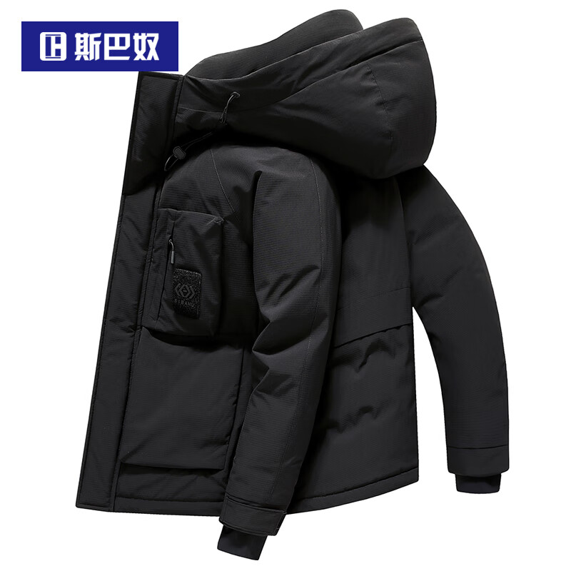斯巴奴加厚羽绒服男短款2025冬季新款休闲连帽鸭绒保暖冬装外套潮工装 黑色 L