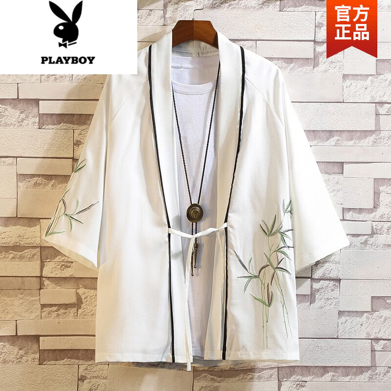 花花公子（PLAYBOY）中國風男裝刺繡漢服日式和服羽織開衫外套古風浮世繪古裝道袍披風 2205白色 L