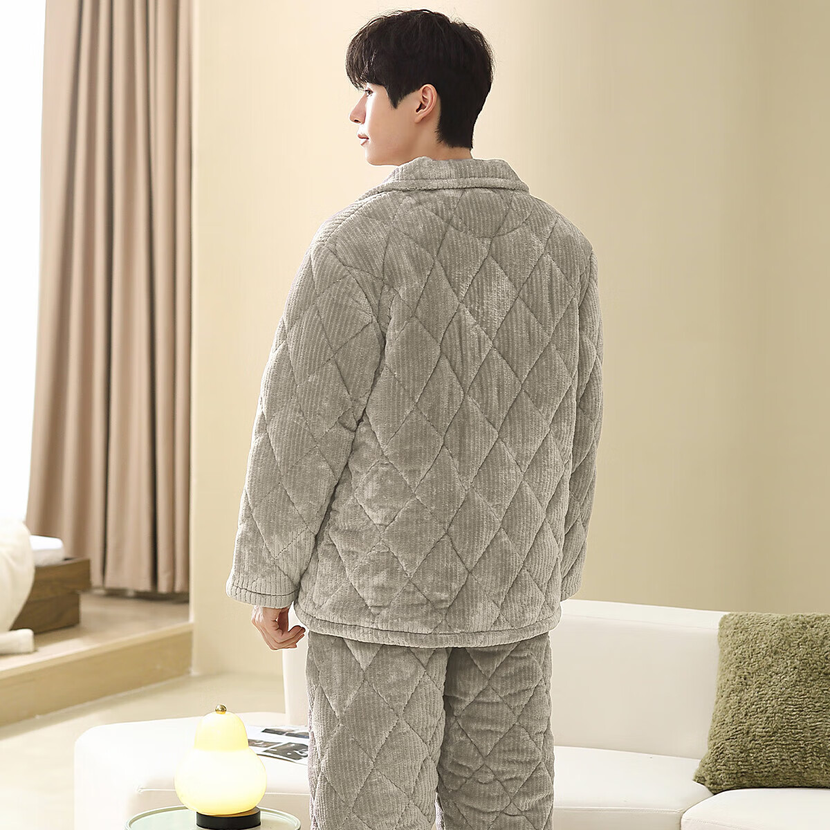 香蜜闺秀【三层夹棉加厚】男士睡衣秋冬新款长袖可外穿保暖男士家居服套装 卡其 XL