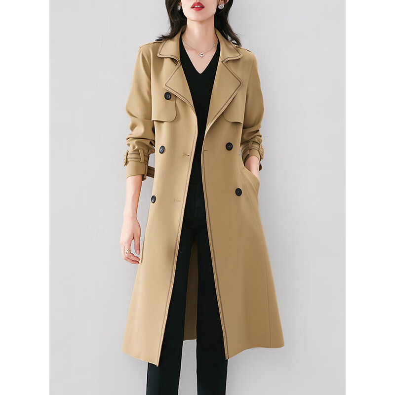 品牌女士风衣通勤外套2024春秋新款纯色收腰显瘦中长款风衣女 浅咖色