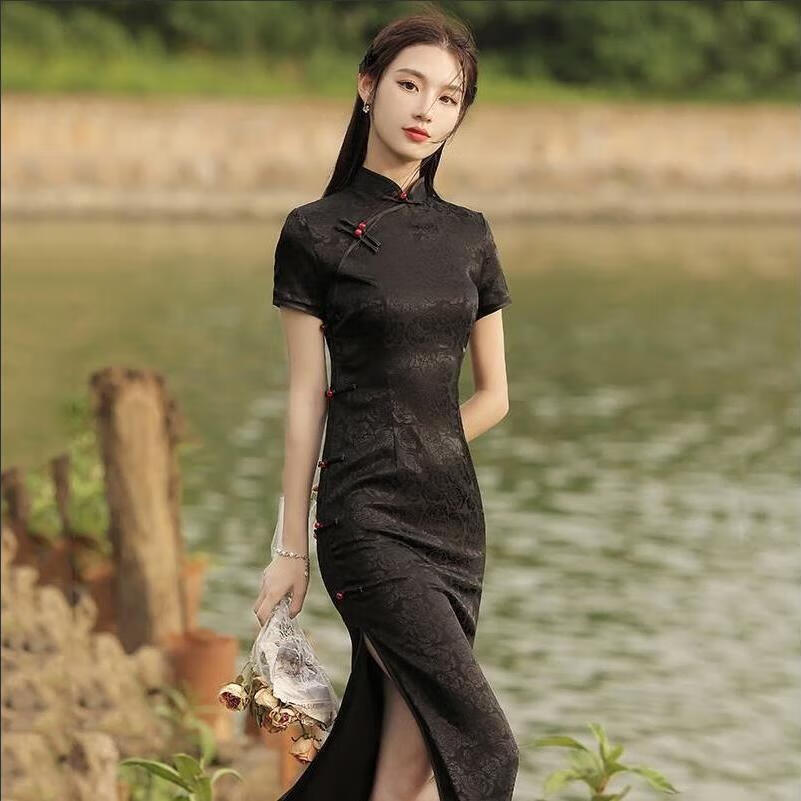 凌菲小姐(miss ling fei)民国军阀旗袍黑色长款夏季新款复古优雅气质