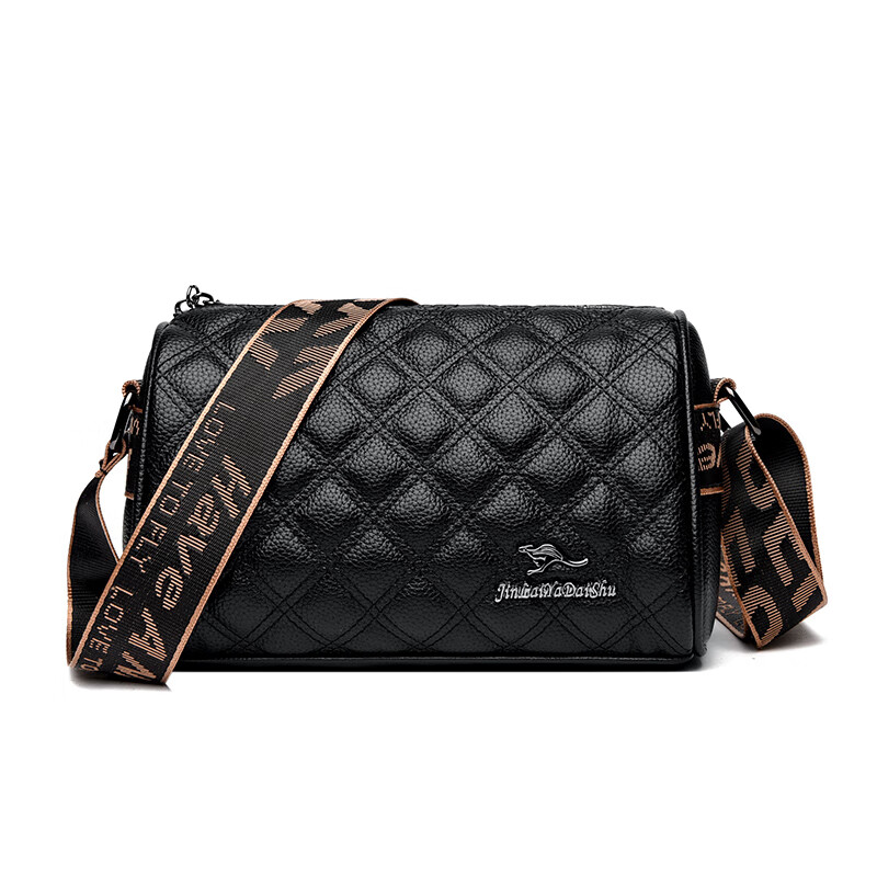 酷奇袋鼠品牌真皮小包包女2025七夕軟牛皮斜挎包時(shí)尚寬帶單肩包枕頭包女包 黑色(真皮授權) 