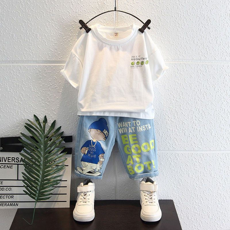 洋气帅气衣服潮宝宝网红时髦薄款两件套 白色套装 90码建议身高90厘米