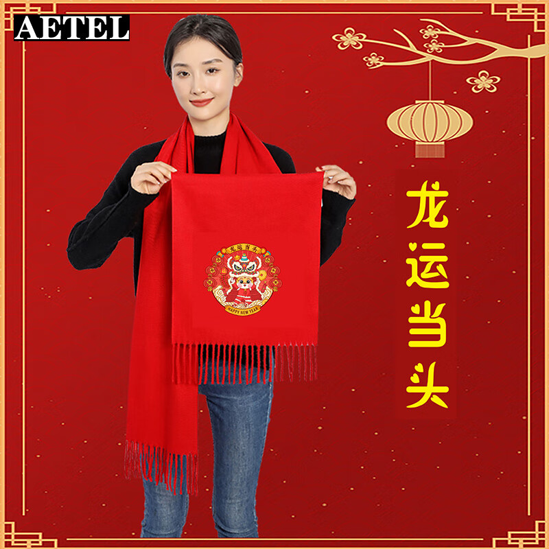 aetel新年红围年龙年活动仿羊绒中国红围巾红色礼品批发企业印字刺绣