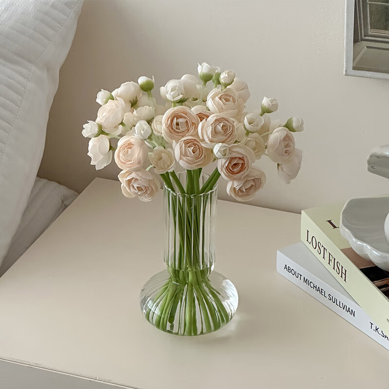 京东鲜花简约玻璃花瓶北欧条纹透明插花瓶客厅卧室装饰摆件鲜花水养花