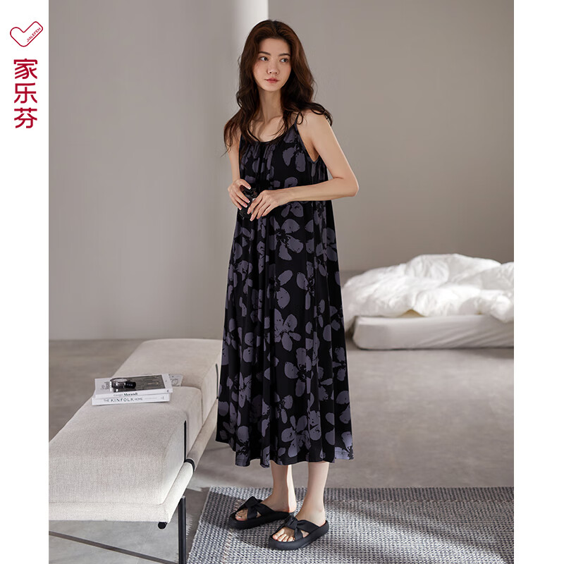 家乐芬睡裙女士睡衣夏季莫代尔吊带无袖背心夏天薄款冰丝长款黑色连衣裙 A824823黑鸢尾 L 适合160-165cm体重100-120斤
