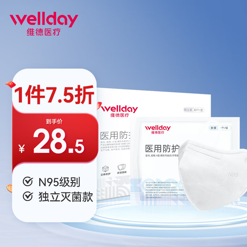 维德(wellday)n95折叠式医用口罩30只/盒防护灭菌级 防雾霾花粉粉尘